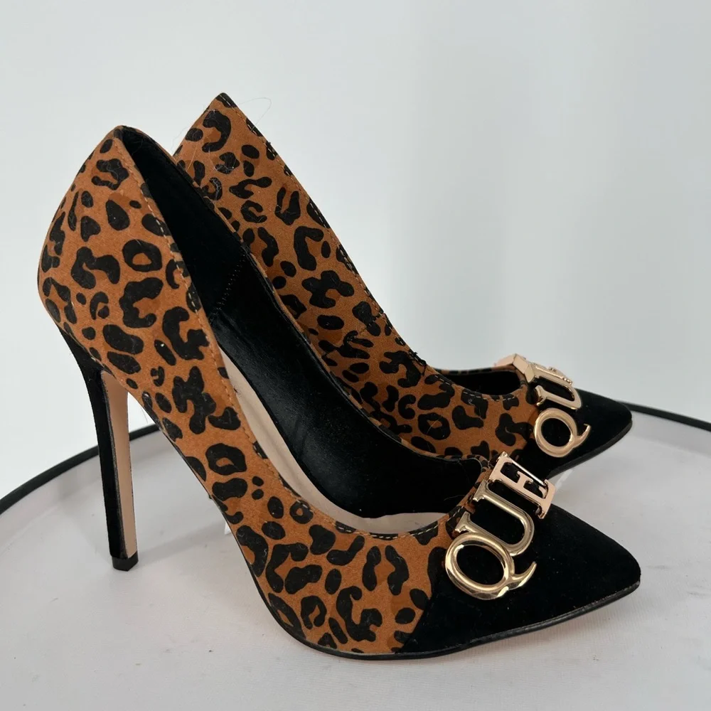 SHOE DAZZLE HEELS BLACK CHEETAH QUEEN SLIP ON PUMPS, PADDED INSOLE, POINTED TOE
